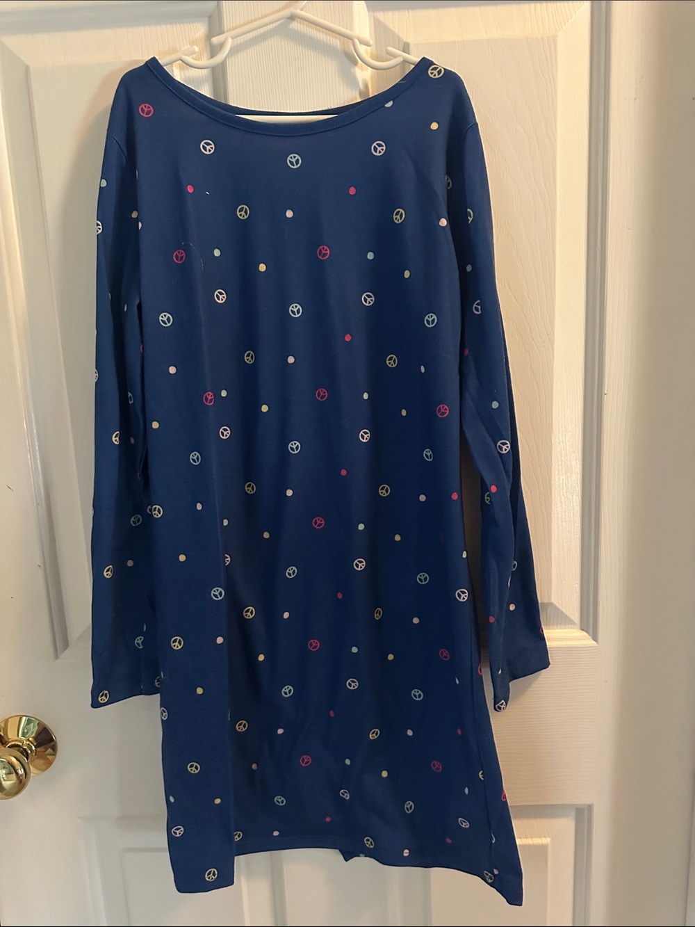 Girl’s Navy Blue Long Sleeve Nightgown with Multicolor Peace-Sign Print